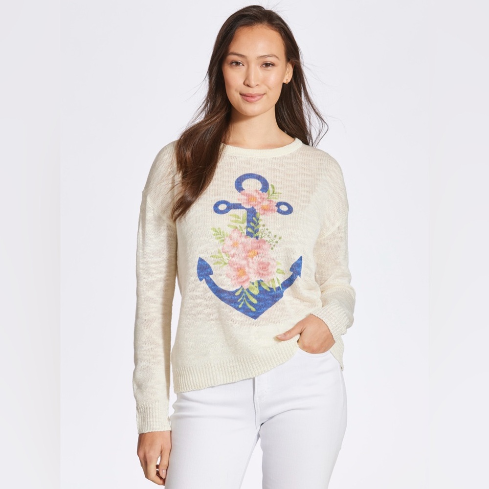 Mia & Tess Floral Anchor Graphic Crew Neck Sweater in Ivory